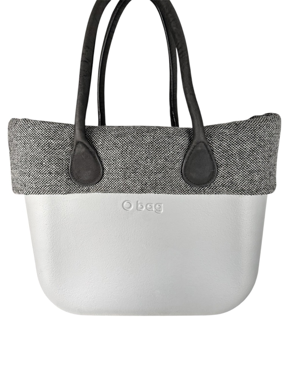 O bag Italy Silver EVA Tote Handbag Knit Trim Black Leather Handles